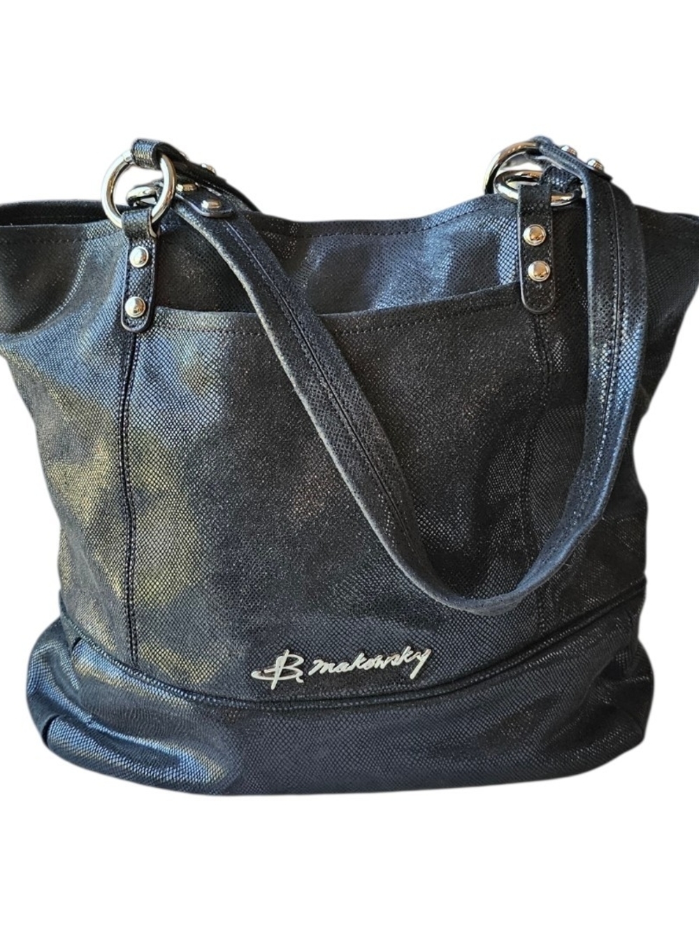 B. Makowsky Metallic Black Leather Hobo Tote Leopard Lined Shoulder Bag